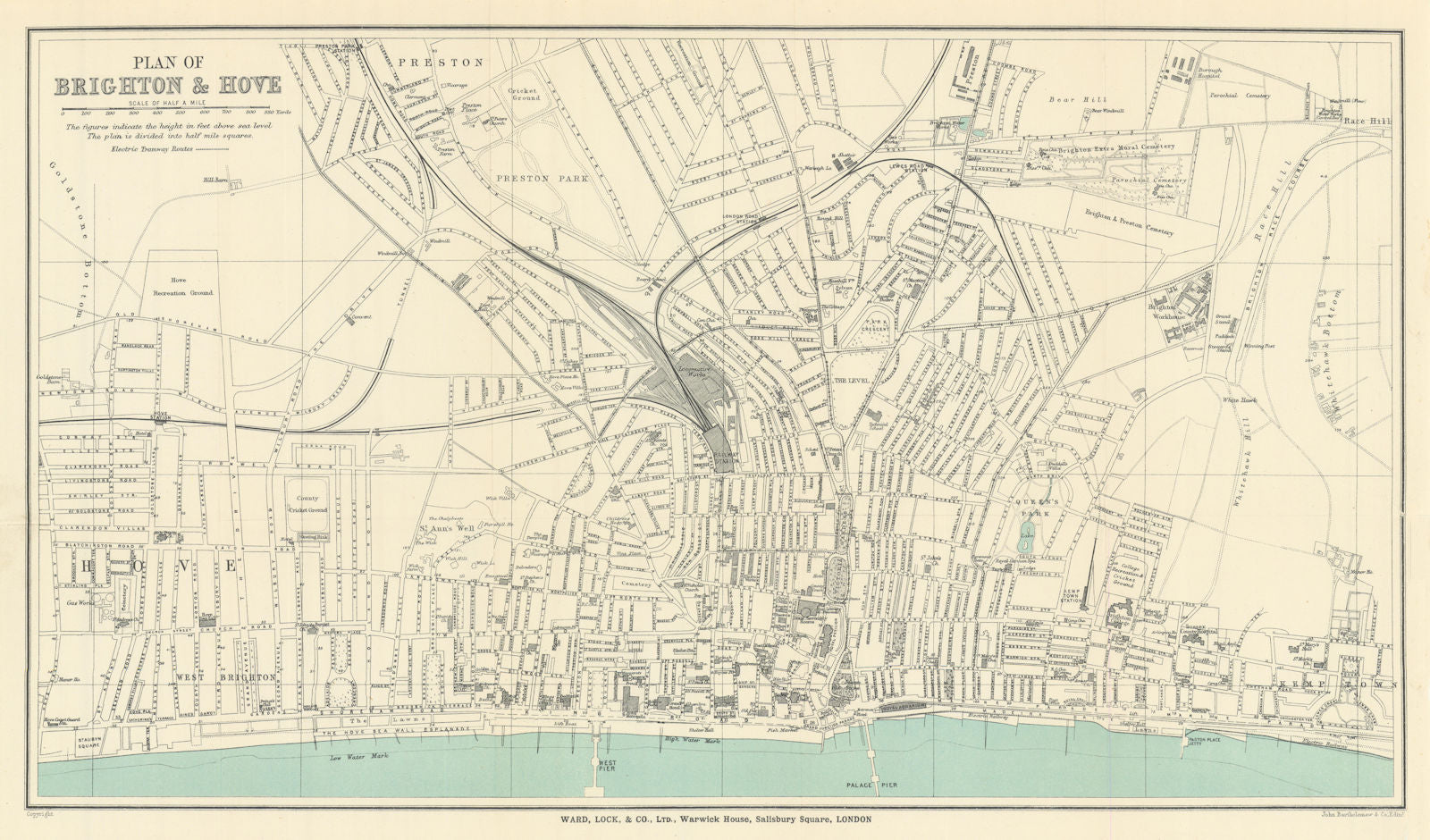 BRIGHTON & HOVE vintage town/city plan. Sussex. WARD LOCK 1910 old antique map